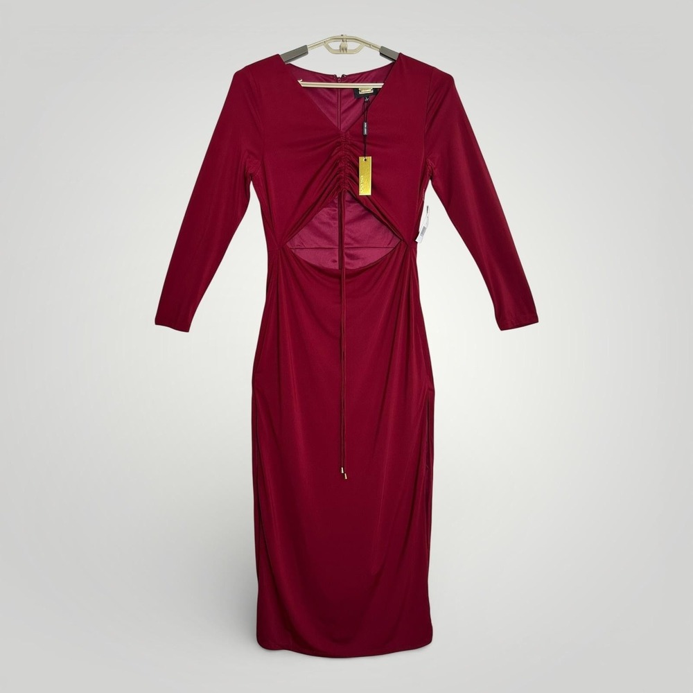 NEW Alexia Admor Dress Womens‎ L Burgundy Ruched Cutout Maxi Long Sleeve Bodycon